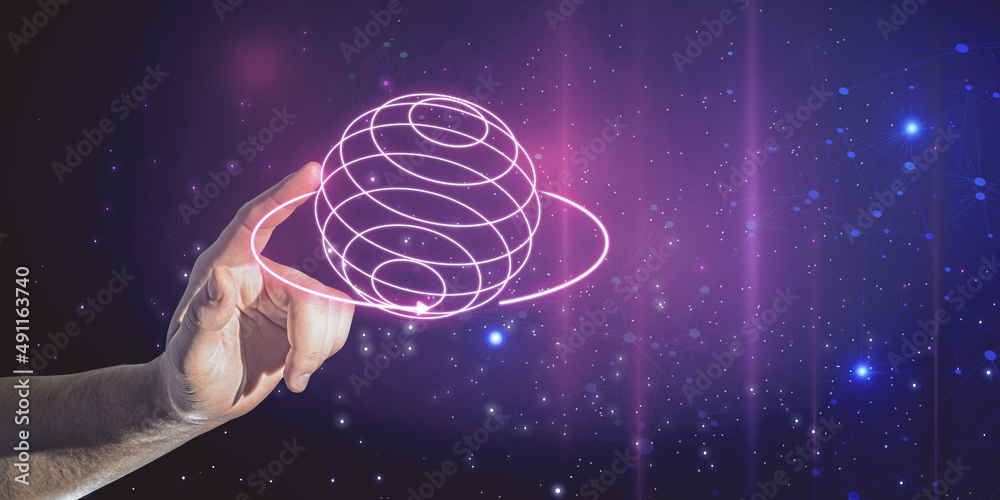 Poster close up of man hand pointing at abstract creative metaverse hologram on blurry wide starry sky back