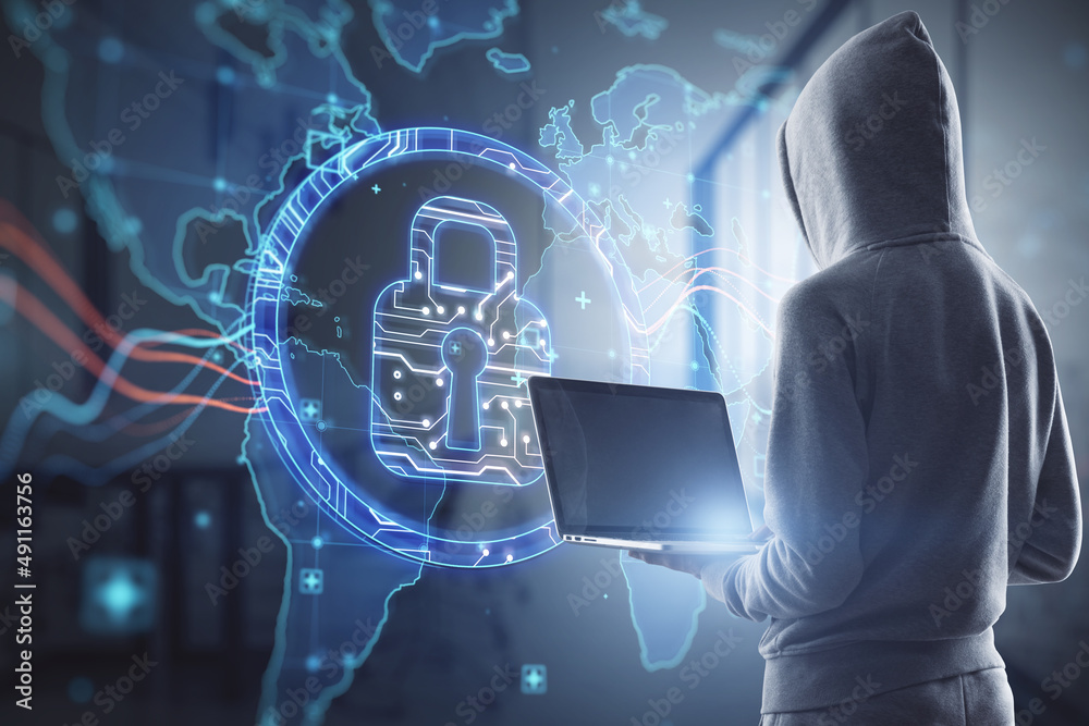 Poster Hacker in hoodie using laptop computer with abstract digital padlock and map hologram on blurry office interior background. Hacking, security and global protection concept. Double exposure.