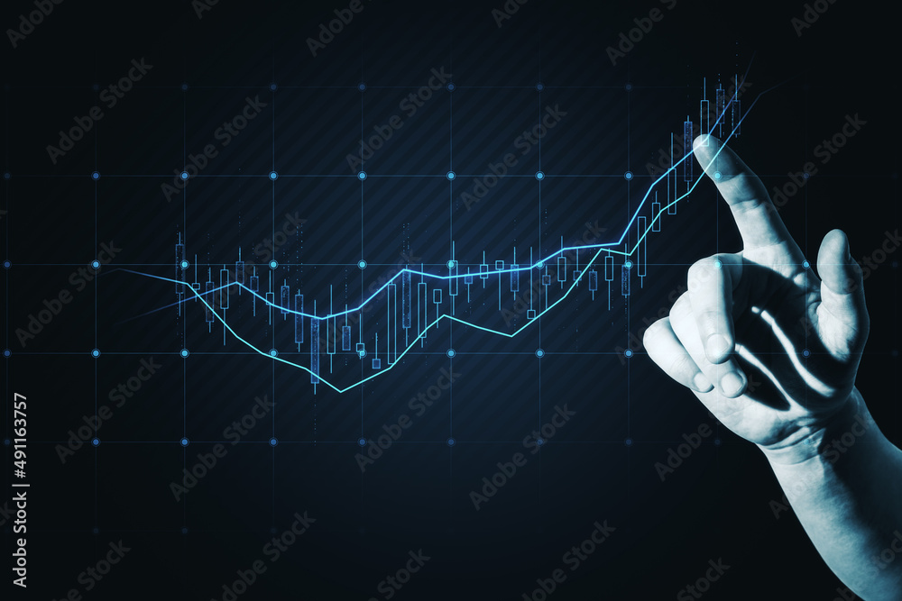 Poster close up of hand pointing at glowing candlestick forex chart on dark background. trade, finance and 