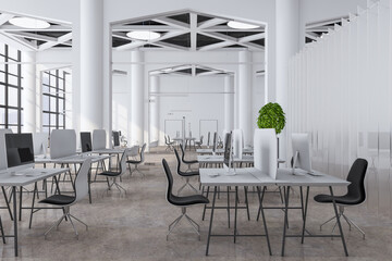 Modern coworking office interior with window and city view, furniture and equipment. Design and workplace concept. 3D Rendering.