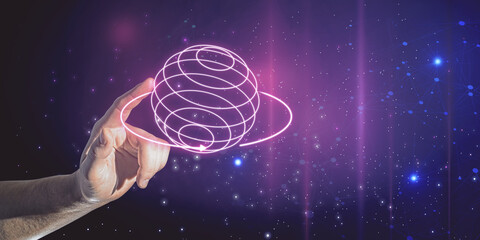 Close up of man hand pointing at abstract creative metaverse hologram on blurry wide starry sky background with mock up place. Future and meta concept. Double exposure.
