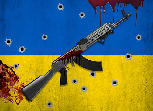 ukraine war flagg guns bullet holes blood