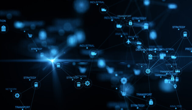 Abstract glowing blurry global delivery scheme hologram on background. Logistics and network concept. 3D Rendering.