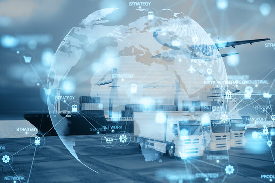 Abstract glowing blurry global delivery scheme hologram on transport dock background. Logistics and network concept. Double exposure.
