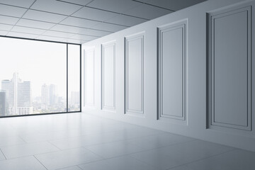 Simple bright corridor with window, bright city view and concrete floor. 3D Rendering.