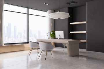 Bright concrete office interior with workplace and window with city view. 3D Rendering.