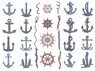 Set of anchors, rudders and ropes. Vector doodle sketch outline isolated illustration.