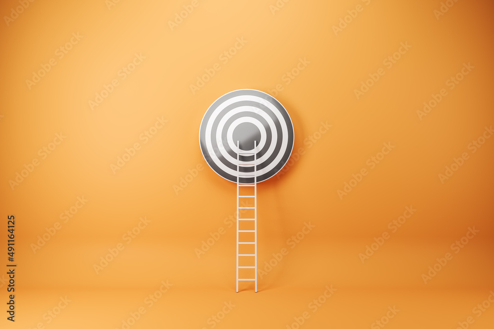 Poster abstract ladder leading to bulls eye target on orange wall background. targeting, career and aim con