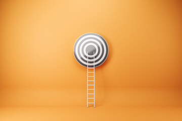 Abstract ladder leading to bulls eye target on orange wall background. Targeting, career and aim concept. 3D Rendering. - obrazy, fototapety, plakaty