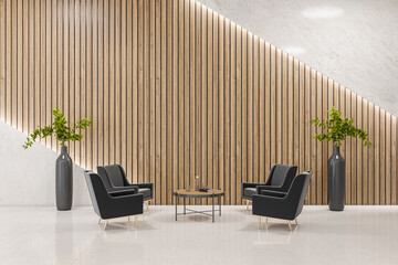Modern wooden and concrete waiting area in office with decorative plant. 3D Rendering.