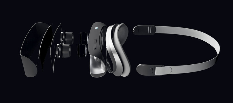 Demounted VR glasses on wide black backkground. Repairs, maintenance and technology concept. 3D Rendering.