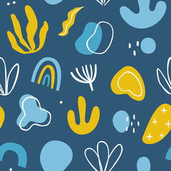 Abstract organic shapes and plants pattern. Seamless vector print for fabric, textile, paper, surface, wallpaper.