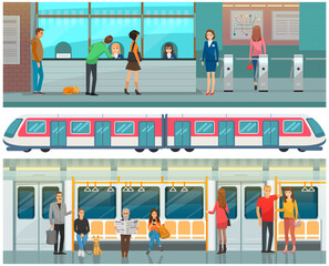 Entrance of railway station, transportation concept. People standing at station platform, traveling in subway car and passing checkpoint in metro. Subway view set with train, turnstiles and checkout