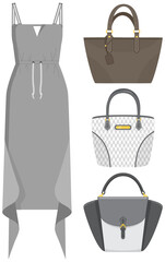 Women fashion color set with dress and handbag isolated vector illustration elements of womens wardrobe clothes and accessories. Bag and sheath dress, stylish look for young girl