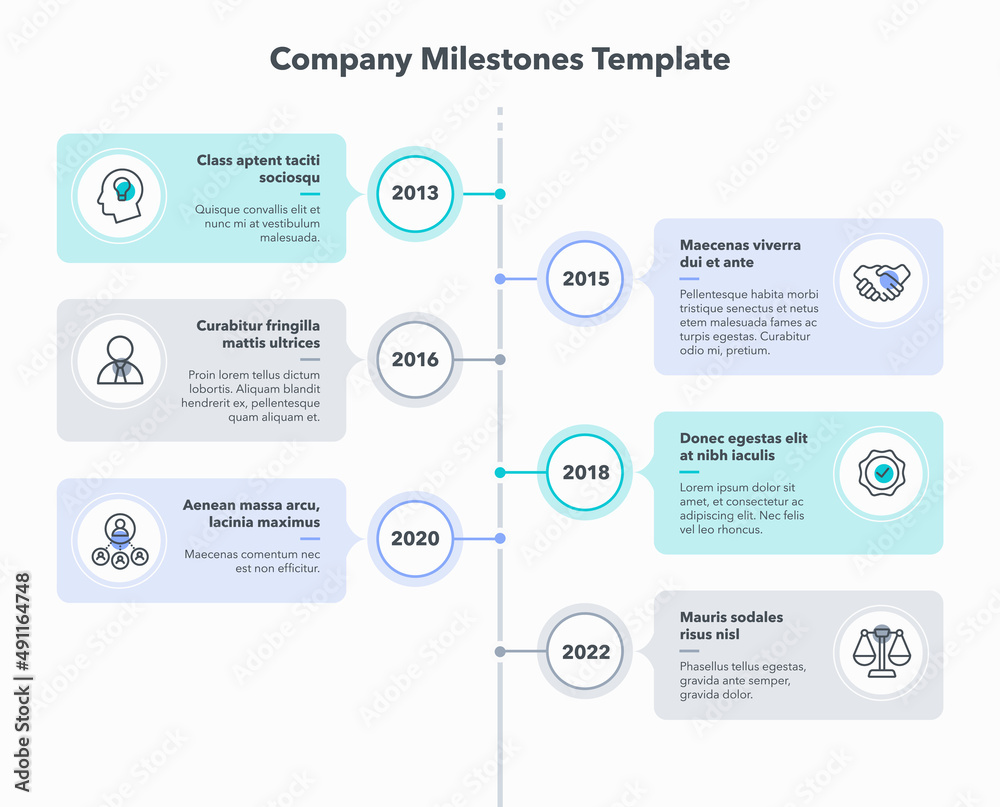 Aufkleber company milestones template with six steps. easy to use for your website or presentation.