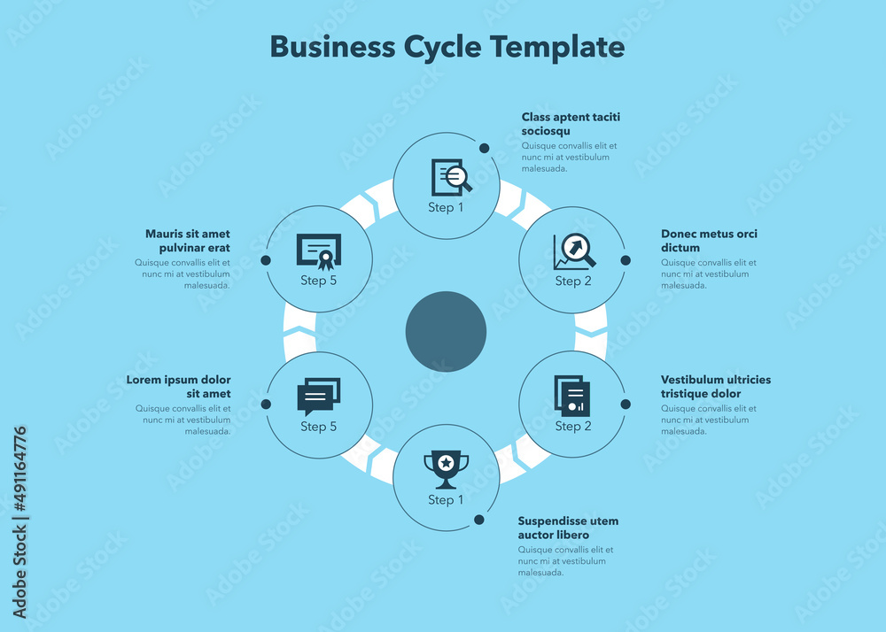 Poster Simple concept for business cycle diagram with six steps and place for your description - blue version. Flat infographic design template for website or presentation.