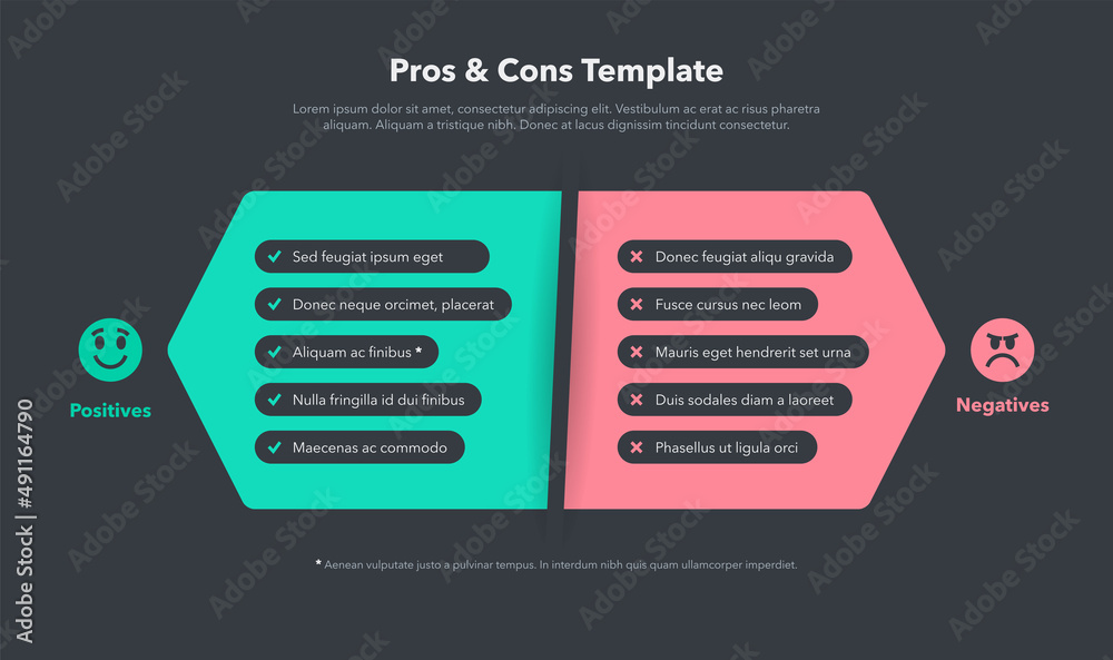 Poster Simple pros and cons template with place for your content - dark version. Easy to use for your website or presentation.
