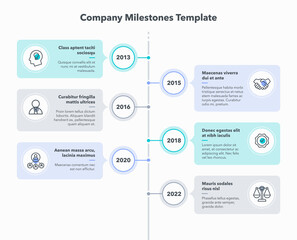 Company milestones template with six steps. Easy to use for your website or presentation.