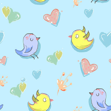 Nursery seamless childish pattern with fairy flowers, birds, butterflies. Creative kids texture for fabric, wrapping, textile, wallpaper, apparel. Vector illustration