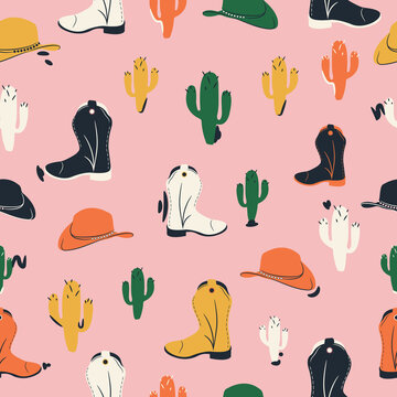 Vector seamless pattern of wild west elements and cowboys. Hat, shoes and cactus.