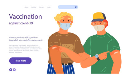 Stop coronavirus agitation concept. Vaccination promo, immunization of workers. Vaccine saves lives. People wearing protective mask showing their arm with bandage after receiving covid-19 vaccine