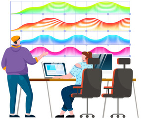 Business people communicating in office discuss statistics, analyze different charts and graphs. Financial accounting concept. Organization process, analytics, planning, report, market analysis