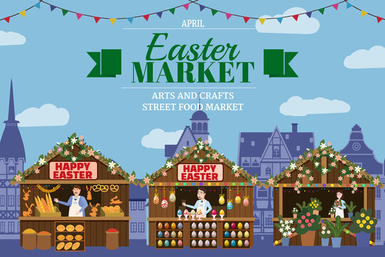 Easter Market poster, wooden stall decorated flowers, colored Easter eggs, pastry, bakery, flowers. Holiday City Spring Fair Square, Europe architecture background. Vector illustration