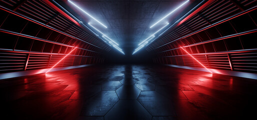 Dreieck Neon Laser fluoreszierend rot blau glühend Sci Fi futuristisches Lagerhaus Hangar Raumschiff realistischer Ausstellungsraum Stahl Metallrahmen Korridor Tunnel dunkler unterirdischer Keller 3D-Rendering