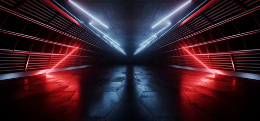 Dreieck Neon Laser fluoreszierend rot blau glühend Sci Fi futuristisches Lagerhaus Hangar Raumschiff realistischer Ausstellungsraum Stahl Metallrahmen Korridor Tunnel dunkler unterirdischer Keller 3D-Rendering © IM_VISUALS