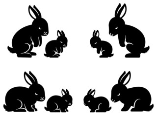お辞儀するうさぎの親子のシルエットイラストセット