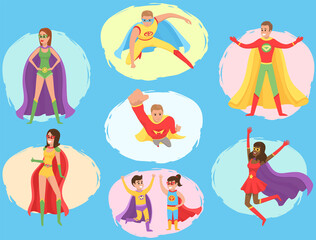 Strong super man and super woman smiles and flies to save world stretched out his hand. Brave character in superhero costume with cloak. Cartoon person hurries to protects people from villains