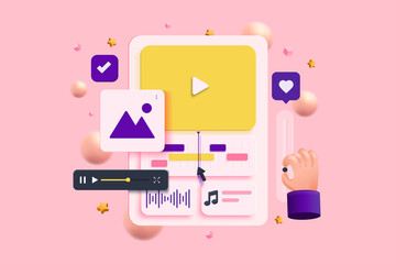 Music Video Edits, Cuts Footage and marketing on computer monitor, motion, vlog, movie. Cartoon Minimal style on pink background. 3D vector illustration