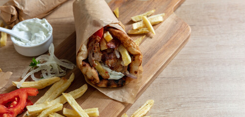 Gyro pita Shawarma wrap on wood table. Greek food with slice cut meat, overhead