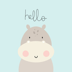 Cute Hippopotamus. Cartoon style. Vector illustration. For kids stuff, card, posters, banners, children books, printing on the pack, printing on clothes, fabric, wallpaper, textile or dishes.