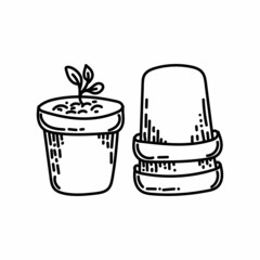Flower pots, hand-drawn doodle-style element. Pots with sprouts. Planting plants. Sprouting. Simple vector in linear style for logos, icons and emblems - gardening items.