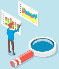 Analytic worker looking at poster with growing graph. Employee analyzes statistical indicators. Male character with statistics, financial data, magnifying glass, business reports vector illustration