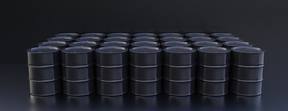 Oil and gas production, Black color petrol barrel on black background. 3d render