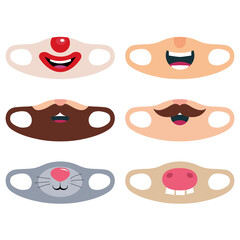 Coronavirus face mask design. Print design concept of face protection masks. Funny cartoon faces - smile, bearded guy, mustache, clown, mouse, pig, Illustration, vector