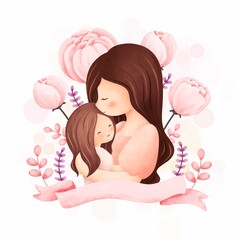 Watercolor Illustration Mother and Daughter