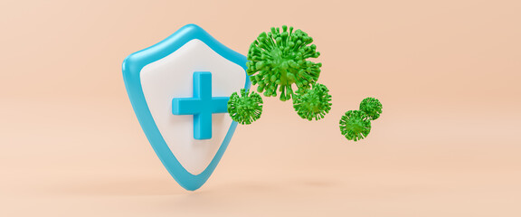 Antivirus shield  and viruses, virus protection, shield with protecting from bacteria, virus, microbes, Coronavirus 2019, immune defense fights with viruses Covid-19, antivirus guard, 3d rendering