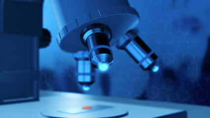 close-up view of an optical microscope in a science laboratory, focus on the lens, chemical structure on background, concept of scientific or medical research (3d render)