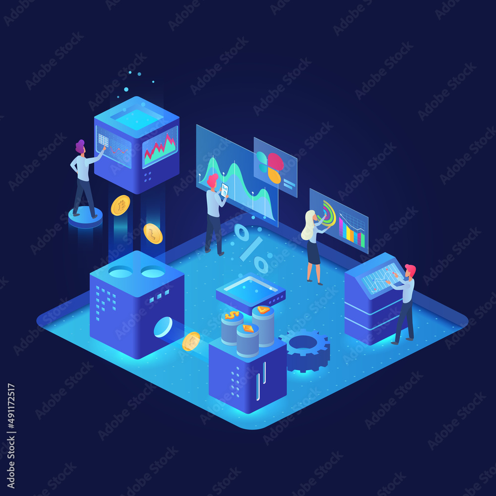 Poster Online digital blockchain startup technology. Recording and managing virtual crypto transactions