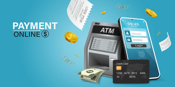 Using online money instead of cash. Fast and convenient mobile online transactions. Pay bills via mobile phone without using an ATM. Convenient and fast phone payment application. Vector illustration.
