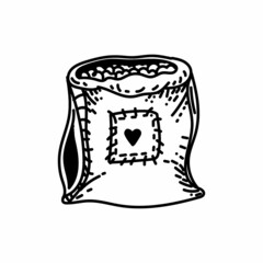 Fabric bag, parcel - hand-drawn doodle style element. Bag for grain, flour. Bag for sending parcels with a cute heart. Simple linear vector style for logos, icons and emblems.