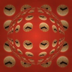 pattern and 3D illustration design based on many clock faces on a bright red background