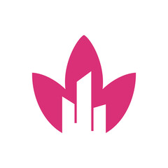 Lotus flower and building combination in white background, flat minimalist vector logo design editable