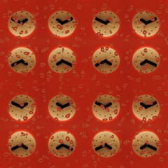 Obraz premium pattern and 3D illustration design based on many clock faces on a bright red background