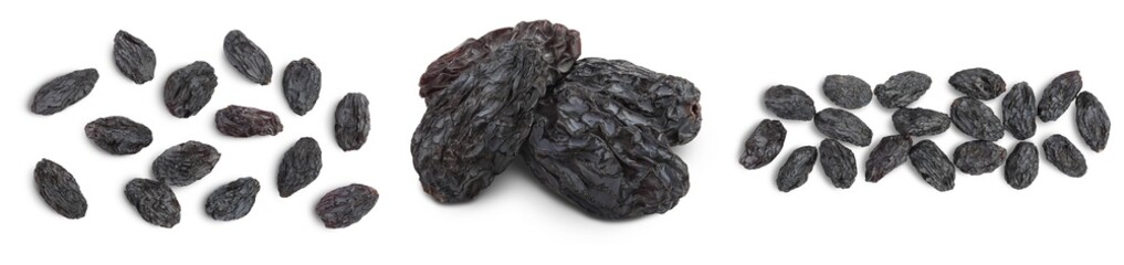 Black raisin isolated on white background with clipping path. Top view. Flat lay, Set or collection