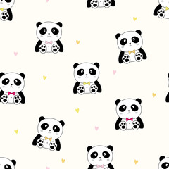 Obraz premium Cute Panda seamless pattern with colorful hearts