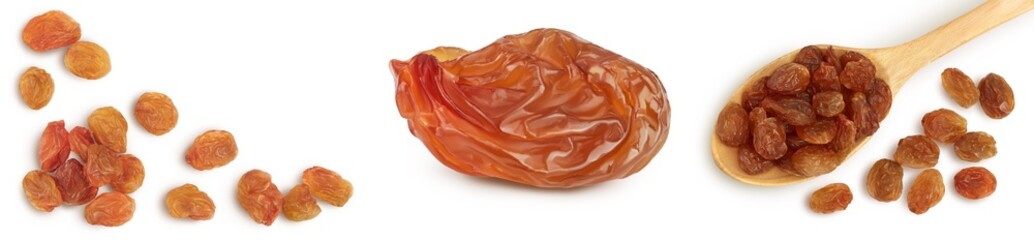 Brown raisin isolated on white background with clipping path. Top view. Flat lay. Set or collection